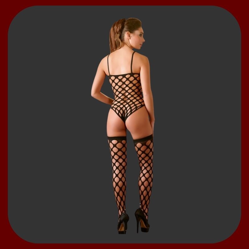 Černý erotický tělový kostým s kulatými výřezy a silikonovými podvazky z elastického bezešvého materiálu.