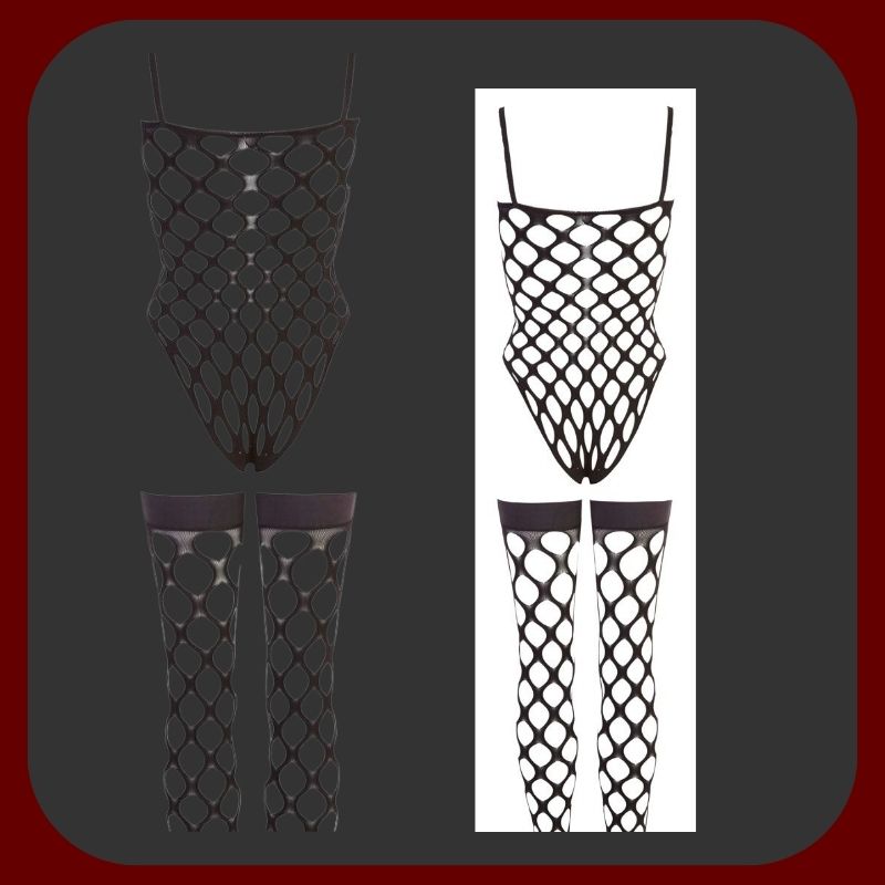 Černý erotický tělový kostým s kulatými výřezy a silikonovými podvazky z elastického bezešvého materiálu.