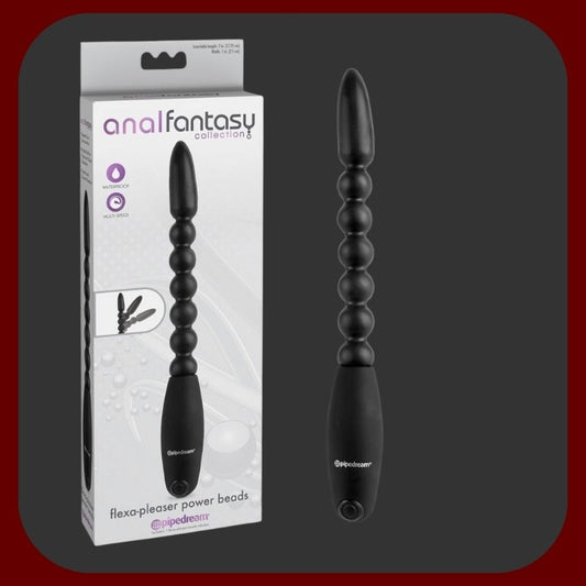 Ohebný vibrační anální stimulátor FLEXA s 6 kuličkami, černý, 18 cm dlouhý, vyrobený z měkkého TPR silikonu.