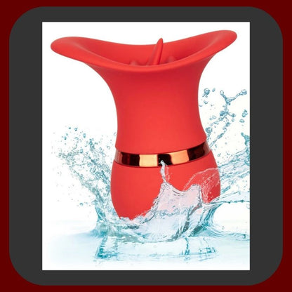 Oranžový stimulátor vagíny a klitorisu ve tvaru jazyka s 12 vibračními režimy, ergonomický a voděodolný, ideální pro intenzivní ženskou stimulaci.