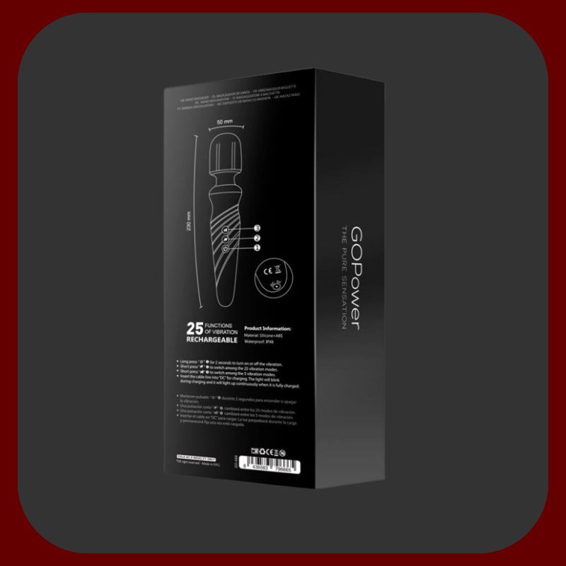 GOPower Noah Wand Massager – černá silikonová masážní hlavice s 25 vibračními funkcemi, flexibilním krkem, USB dobíjením a vodotěsností IPX6 pro intimní stimulaci a relaxaci