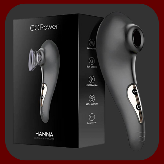 Elegantní černý silikonový stimulátor klitorisu Hanna s funkcí sání a 10 režimy intenzivní stimulace.