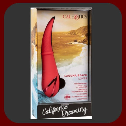 Červený jazykový vibrátor Laguna Beach Lover z měkkého silikonu s USB dobíjením a 10 režimy vibrací.
