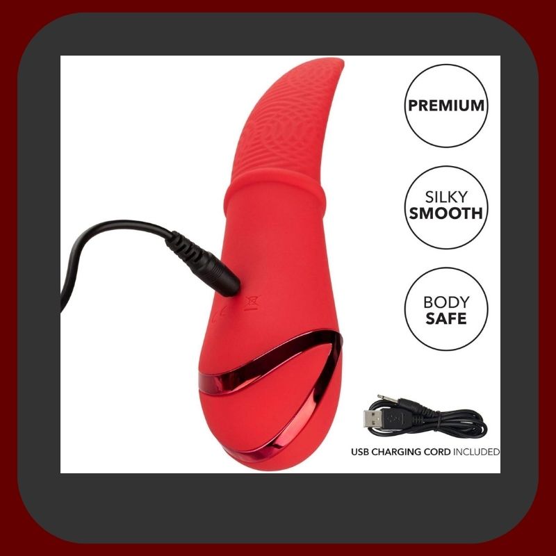 Červený jazykový vibrátor Laguna Beach Lover z měkkého silikonu s USB dobíjením a 10 režimy vibrací.