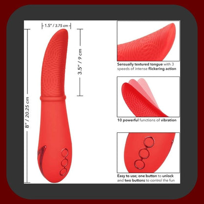 Červený jazykový vibrátor Laguna Beach Lover z měkkého silikonu s USB dobíjením a 10 režimy vibrací.