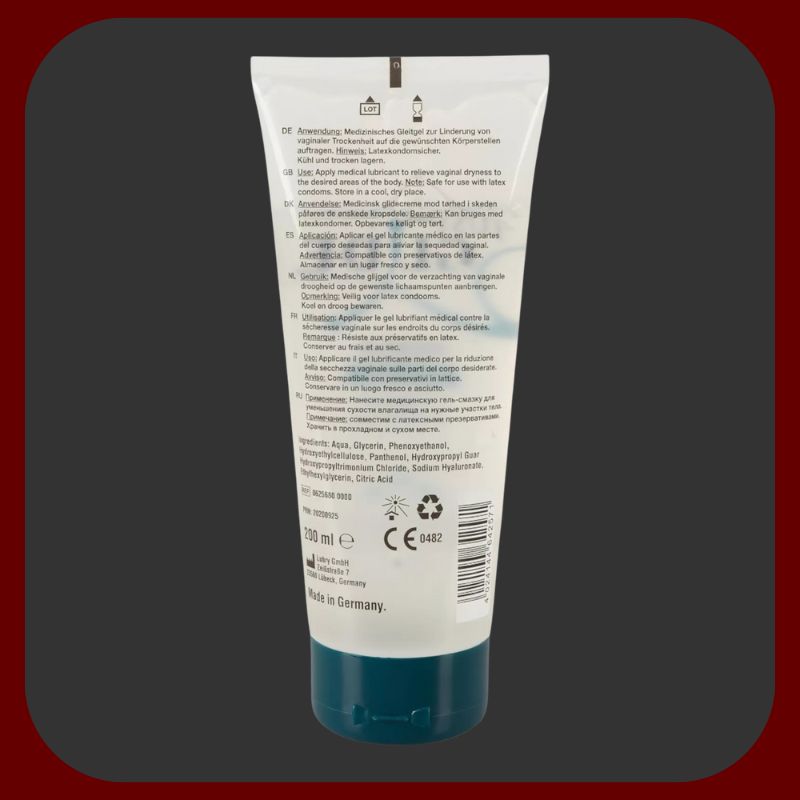 Intimní lubrikant Just Glide Premium na vodní bázi s kyselinou hyaluronovou, 200 ml, veganský a dermatologicky testovaný.