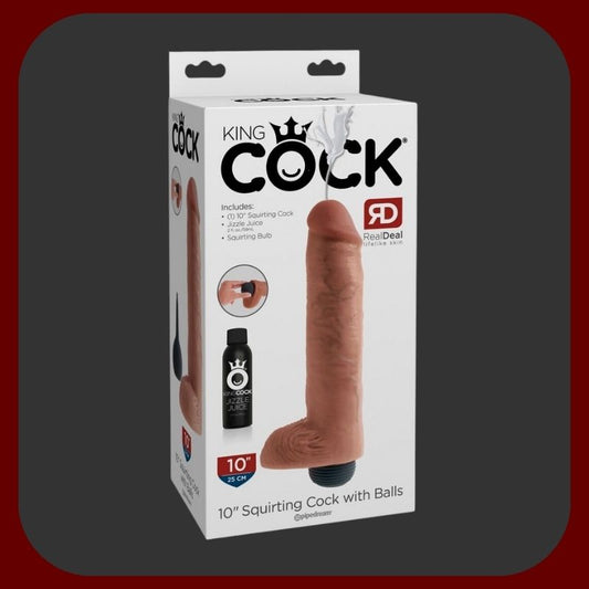 KING COCK 10 – ultra realistické tělové ejakulační dildo 25 × 5,5 cm s funkcí výstřiku a pumpou, včetně umělé spermie a čističe