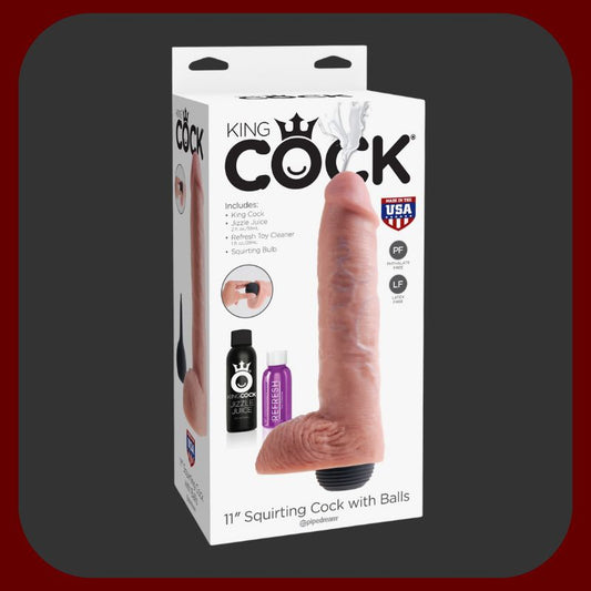 Ultra realistické tělové dildo KING COCK 11 s ejakulací, 28 cm dlouhé a 7 cm široké, vyrobené z prémiové gumy bez ftalátů.