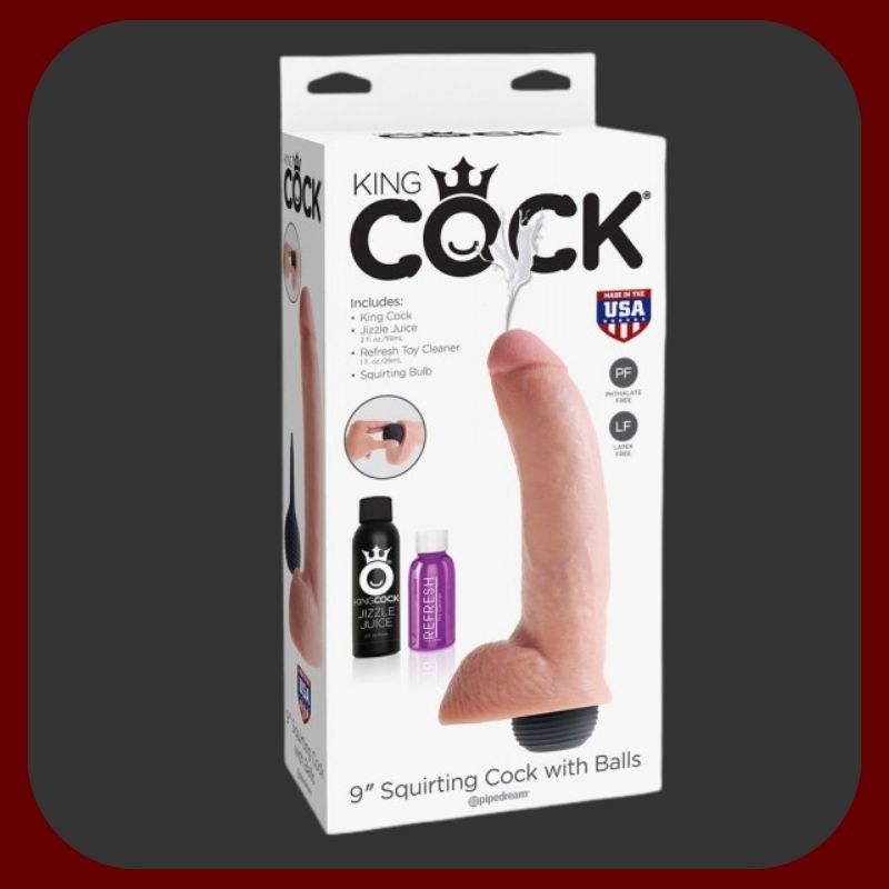 KING COCK 9 – exkluzivní realistické ejakulační dildo 23 × 5,2 cm s inovativní pumpou na výstřik, přirozený tělový odstín, včetně umělé sperma a čističe