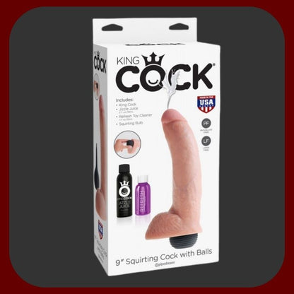KING COCK 9 – exkluzivní realistické ejakulační dildo 23 × 5,2 cm s inovativní pumpou na výstřik, přirozený tělový odstín, včetně umělé sperma a čističe