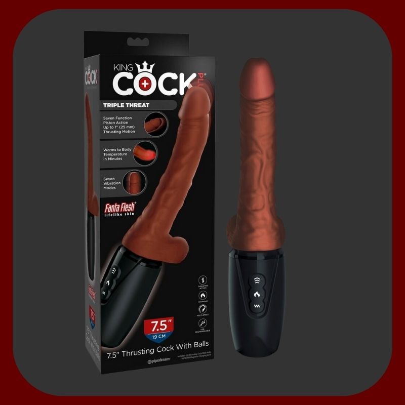 King Heat Thrust – ultra realistický vibrátor s funkcí tahu, vibrací, ohřevu a pulzace, hnědý, délka 16,6 cm, voděodolný a dobíjecí – EROSIANA