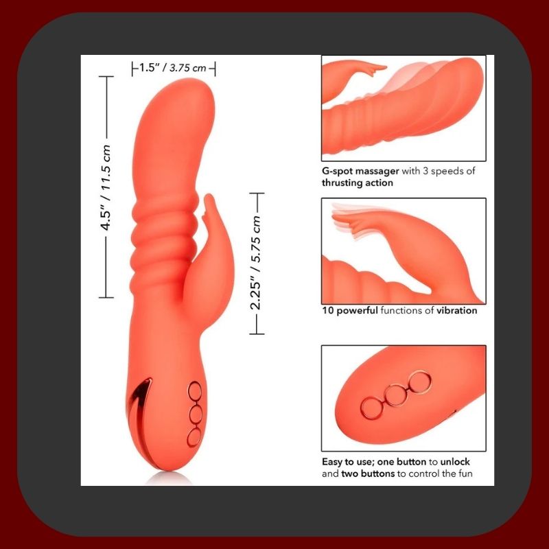 Oranžový králičí vibrátor s žebrovanou tyčí, zakřivenou špičkou a výčnělkem na klitoris, vyrobený z jemného silikonu, voděodolný, USB dobíjení.