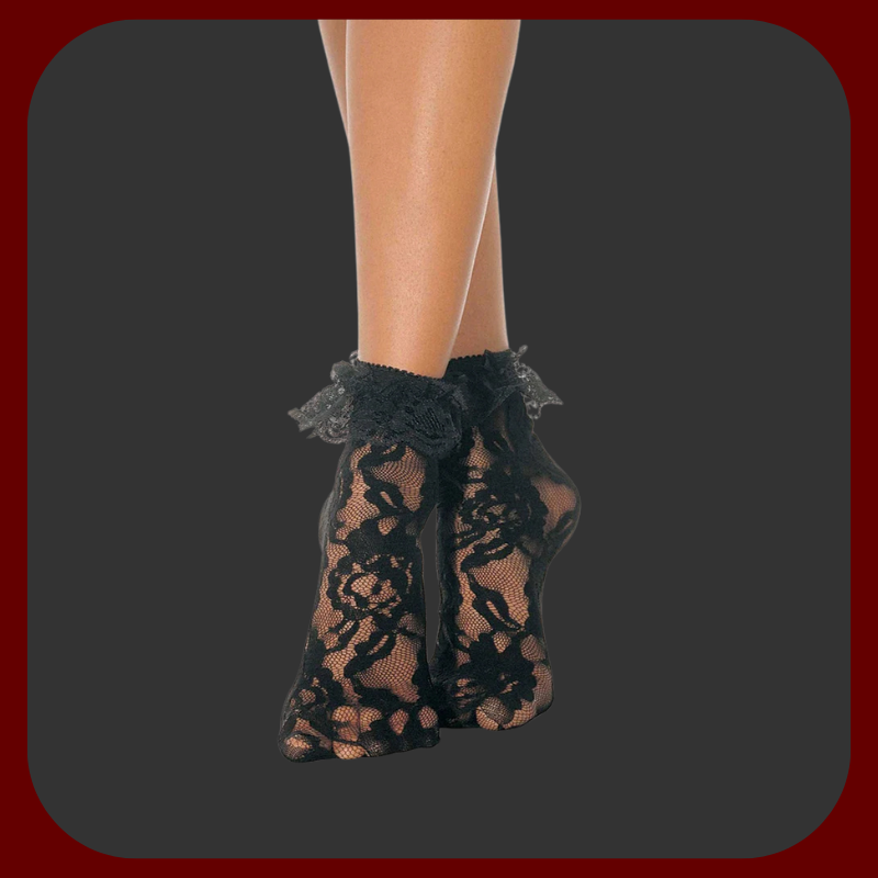 Elegantní černé krajkové ponožky s výšivkou a průhledným materiálem, vhodné pro erotické i módní nošení. Fetiš, fetish