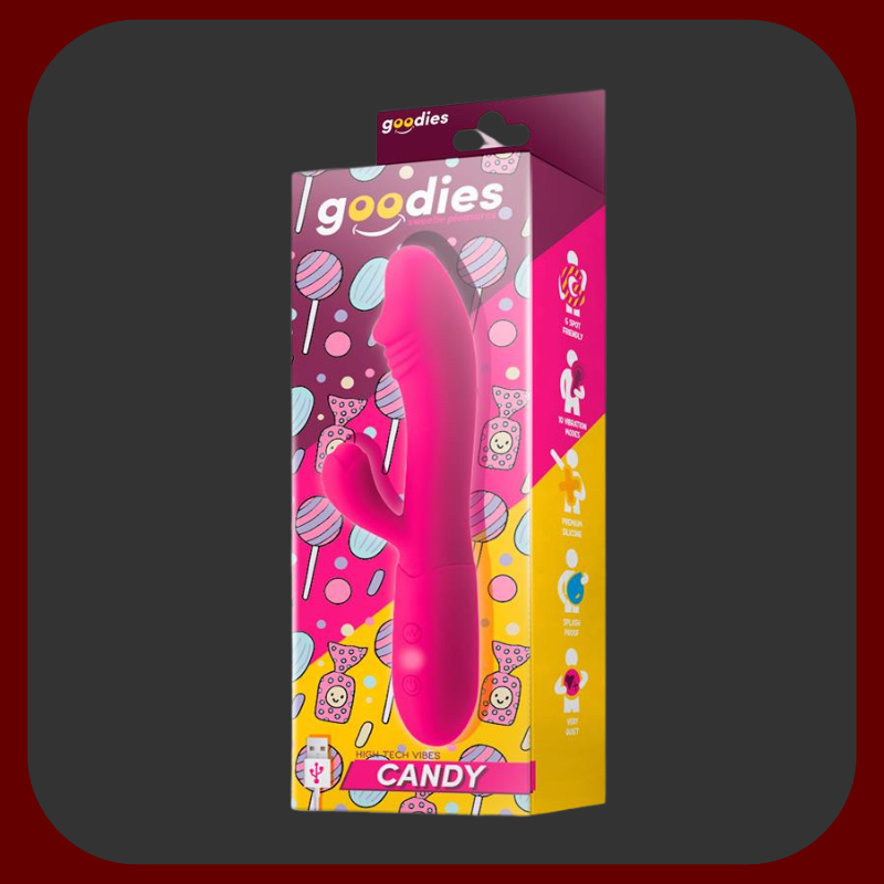 Růžový králičí vibrátor Candy Bliss z měkkého silikonu, délka 18,5 cm, určený k dvojité stimulaci bodu G a klitorisu s 10 vibračními režimy.