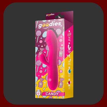 Růžový králičí vibrátor Candy Bliss z měkkého silikonu, délka 18,5 cm, určený k dvojité stimulaci bodu G a klitorisu s 10 vibračními režimy.