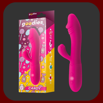 Růžový králičí vibrátor Candy Bliss z měkkého silikonu, délka 18,5 cm, určený k dvojité stimulaci bodu G a klitorisu s 10 vibračními režimy.