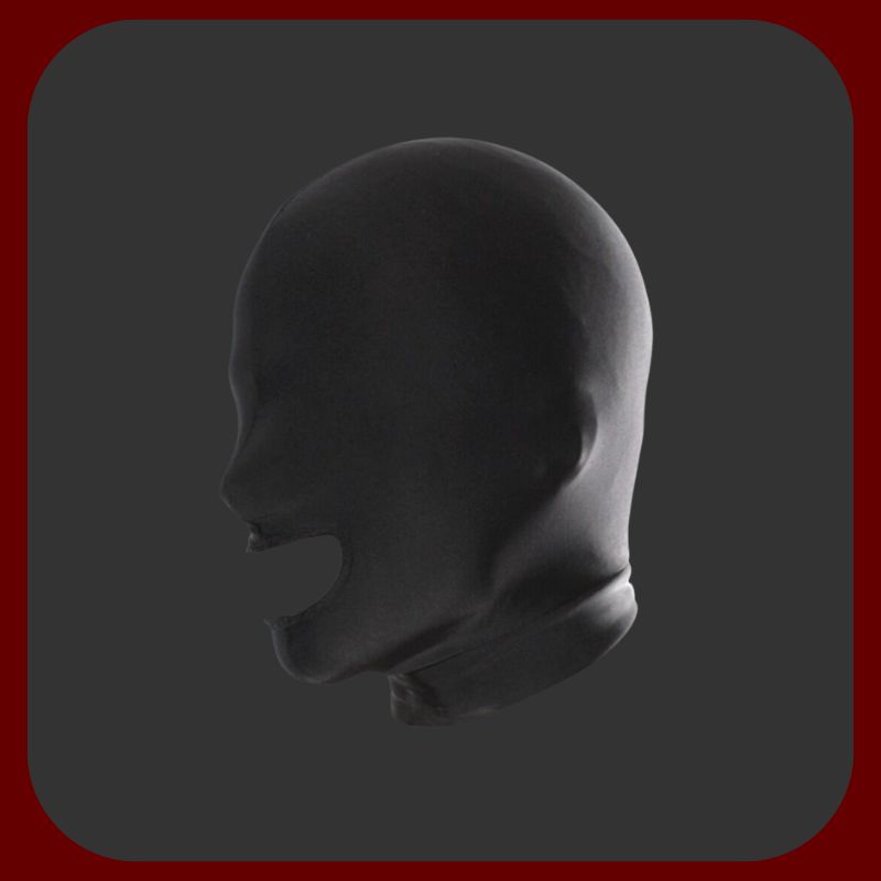 Černá BDSM kukla z elastického spandexového latexu s otvorem na ústech, ideální pro dominanci a submisivní hry.