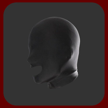 Černá BDSM kukla z elastického spandexového latexu s otvorem na ústech, ideální pro dominanci a submisivní hry.