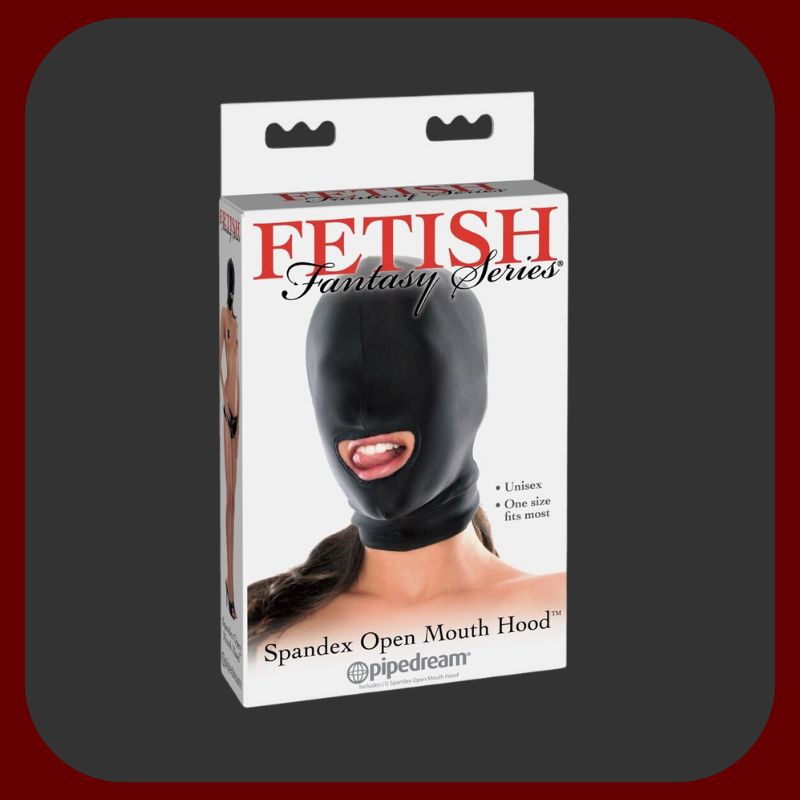 Černá BDSM kukla z elastického spandexového latexu s otvorem na ústech, ideální pro dominanci a submisivní hry.