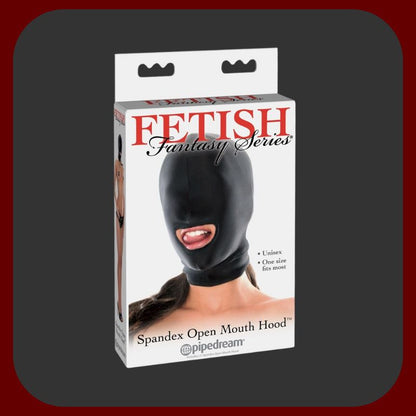 Černá BDSM kukla z elastického spandexového latexu s otvorem na ústech, ideální pro dominanci a submisivní hry.