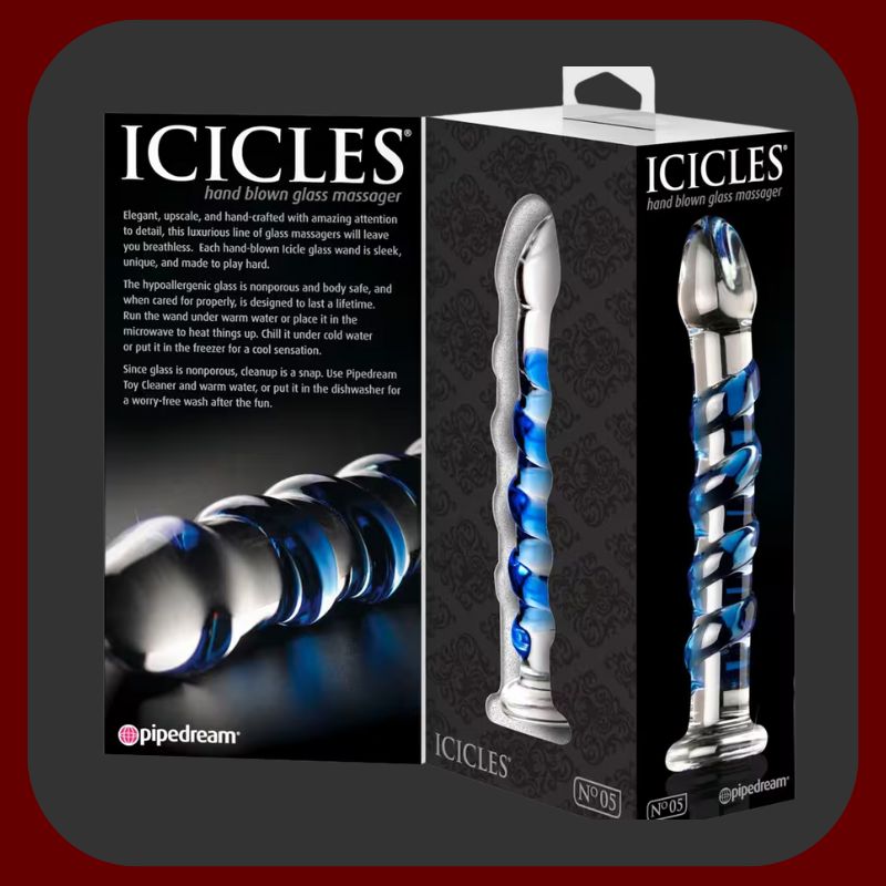 Elegantní průhledné skleněné dildo s modrými stimulačními reliéfy a zúženou špičkou, délka 18 cm, ideální pro netradiční erotické zážitky.