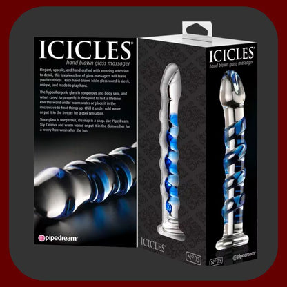 Elegantní průhledné skleněné dildo s modrými stimulačními reliéfy a zúženou špičkou, délka 18 cm, ideální pro netradiční erotické zážitky.