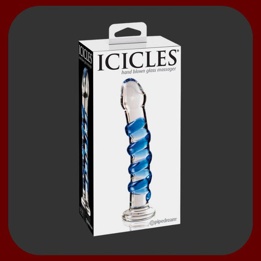 Elegantní průhledné skleněné dildo s modrými stimulačními reliéfy a zúženou špičkou, délka 18 cm, ideální pro netradiční erotické zážitky.