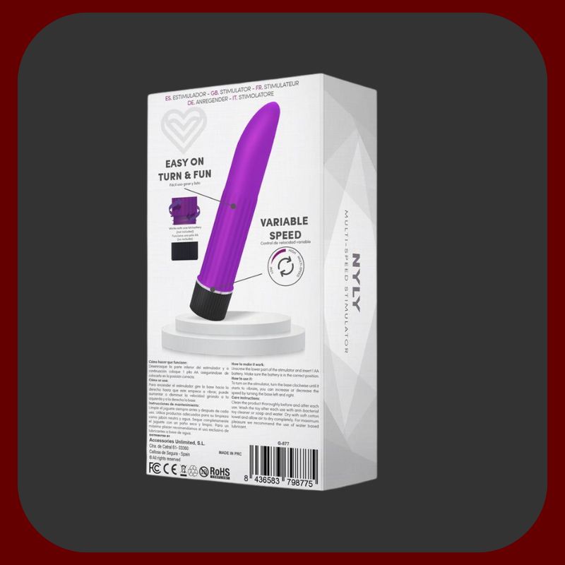 Mini nylonový vibrátor fialové barvy s nastavitelnou rychlostí, délka 13,5 cm.