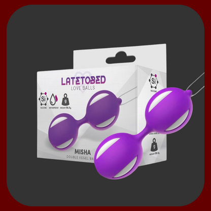 Fialové oscilující vaginální kuličky Misha z čistého silikonu o rozměrech 10 x 3,5 cm, ideální pro trénink pánevního dna a diskrétní stimulaci.