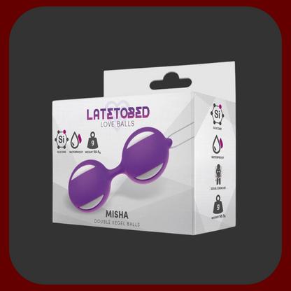 Fialové oscilující vaginální kuličky Misha z čistého silikonu o rozměrech 10 x 3,5 cm, ideální pro trénink pánevního dna a diskrétní stimulaci.