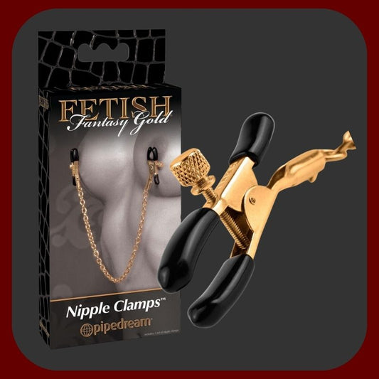 Luxusní nastavitelné zlaté svorky na bradavky s kovovými řetízky pro BDSM hry