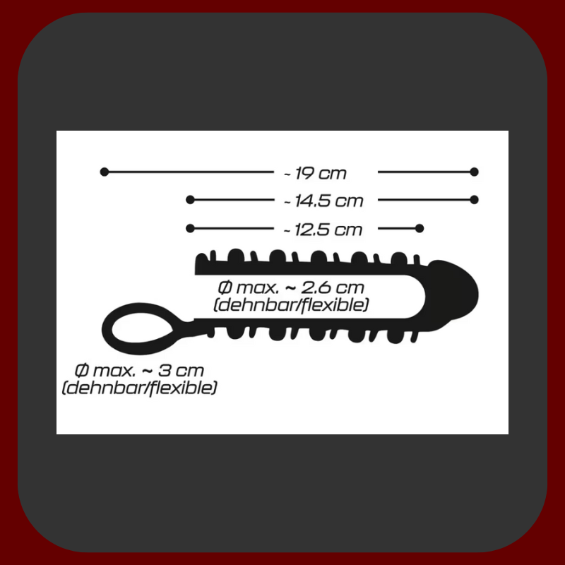 Návlek na penis z pružného silikonu s kroužkem na varlata a stimulačními výstupky. Průhledný design, zvětšení délky o 2 cm.