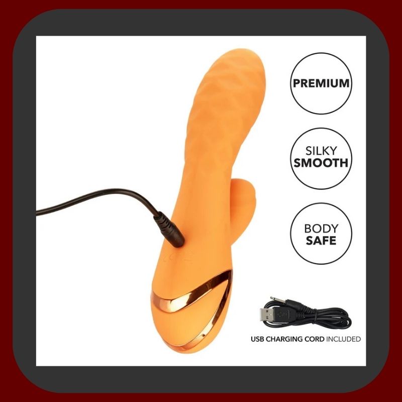 Newport Pulse Vibe – oranžový králičí vibrátor s příklepem, 10 vibračními režimy a USB nabíjením z hebkého silikonu – EROSIANA.