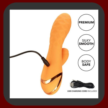 Newport Pulse Vibe – oranžový králičí vibrátor s příklepem, 10 vibračními režimy a USB nabíjením z hebkého silikonu – EROSIANA.