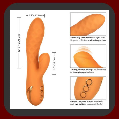 Newport Pulse Vibe – oranžový králičí vibrátor s příklepem, 10 vibračními režimy a USB nabíjením z hebkého silikonu – EROSIANA.