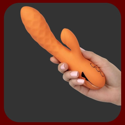 Newport Pulse Vibe – oranžový králičí vibrátor s příklepem, 10 vibračními režimy a USB nabíjením z hebkého silikonu – EROSIANA.