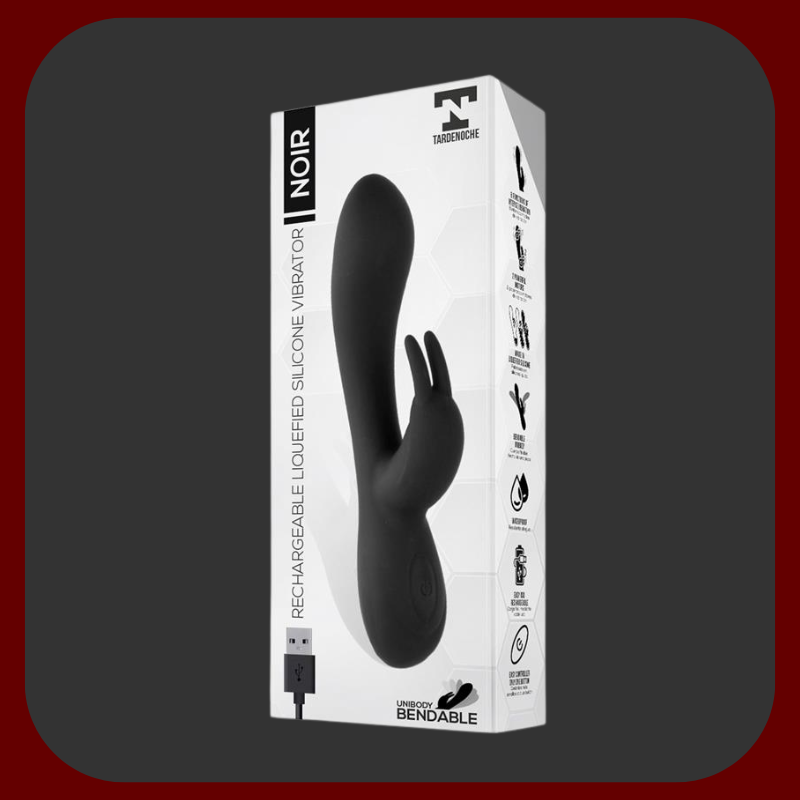 Čierny silikónový králičí vibrátor NOIR s ergonomickým tvarom a dvoma klitorálnymi výbežkami, 19,4 cm dlhý, 3,3 cm široký.