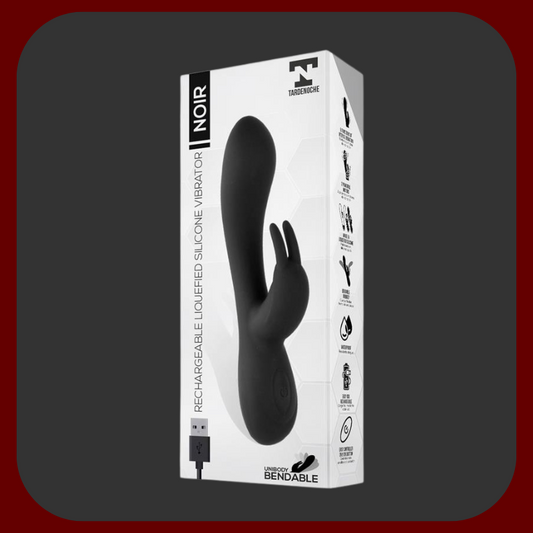 Čierny silikónový králičí vibrátor NOIR s ergonomickým tvarom a dvoma klitorálnymi výbežkami, 19,4 cm dlhý, 3,3 cm široký.