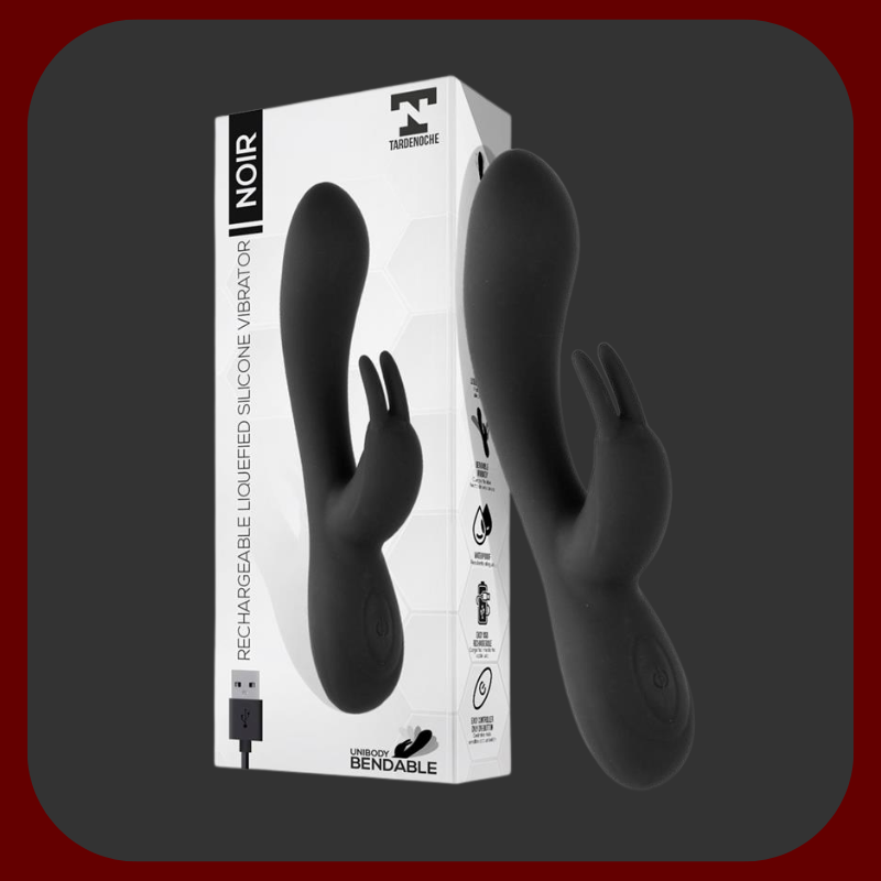 Čierny silikónový králičí vibrátor NOIR s ergonomickým tvarom a dvoma klitorálnymi výbežkami, 19,4 cm dlhý, 3,3 cm široký.