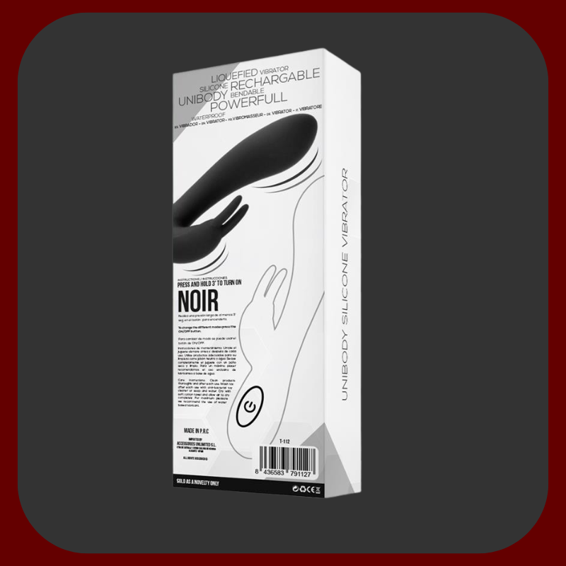 Čierny silikónový králičí vibrátor NOIR s ergonomickým tvarom a dvoma klitorálnymi výbežkami, 19,4 cm dlhý, 3,3 cm široký.