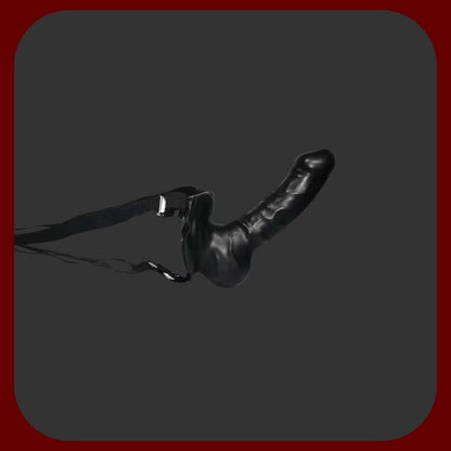 Nositelný černý strap-on pro ženy s realistickými varlaty a žilkami, délka 19 cm, průměr 3,5 cm, s nastavitelným elastickým popruhem