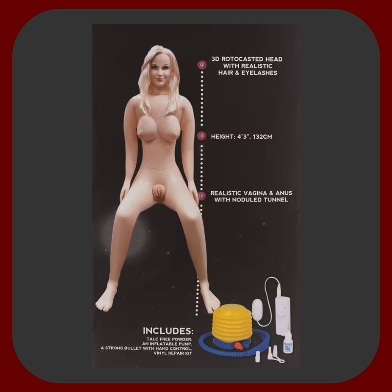 Nafukovací panenka Lucy s realistickou vagínou a análem z materiálu LoveClone RX, dlouhými vlasy a nafukovacím designem.