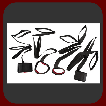 Sada popruhů na svázání zápěstí a kotníků, černo-červené BDSM pouta s nastavitelným zapínáním, ideální pro bondage hry.