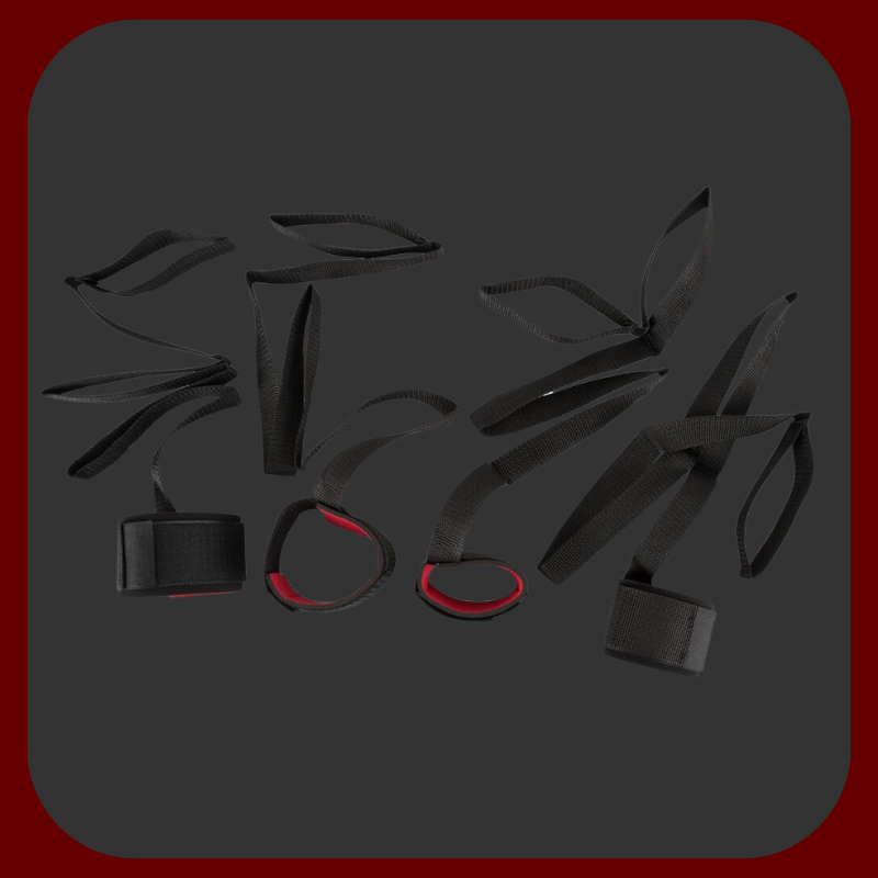 Sada popruhů na svázání zápěstí a kotníků, černo-červené BDSM pouta s nastavitelným zapínáním, ideální pro bondage hry.