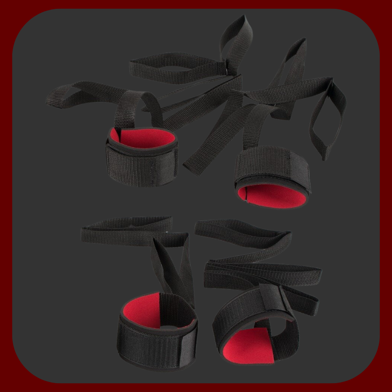 Sada popruhů na svázání zápěstí a kotníků, černo-červené BDSM pouta s nastavitelným zapínáním, ideální pro bondage hry.