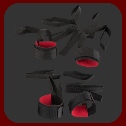 Sada popruhů na svázání zápěstí a kotníků, černo-červené BDSM pouta s nastavitelným zapínáním, ideální pro bondage hry.