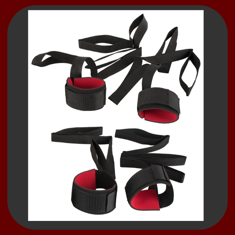 Sada popruhů na svázání zápěstí a kotníků, černo-červené BDSM pouta s nastavitelným zapínáním, ideální pro bondage hry.