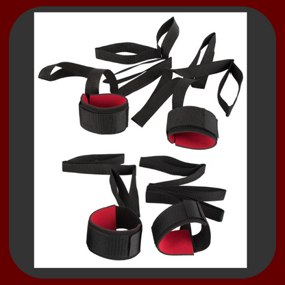 Sada popruhů na svázání zápěstí a kotníků, černo-červené BDSM pouta s nastavitelným zapínáním, ideální pro bondage hry.
