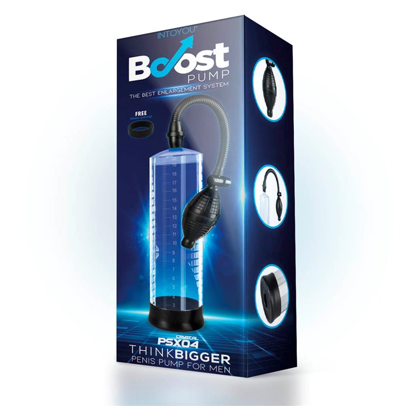 Průhledná pumpa na penis PSX04 s černým silikonovým kroužkem, ručním pumpovacím mechanismem a rychloupínacím ventilem pro bezpečné použití a zvětšení penisu.
