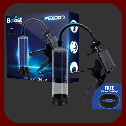 Ruční vakuová pumpa na penis PSX 007 v průhledném provedení s černým silikonovým kroužkem.